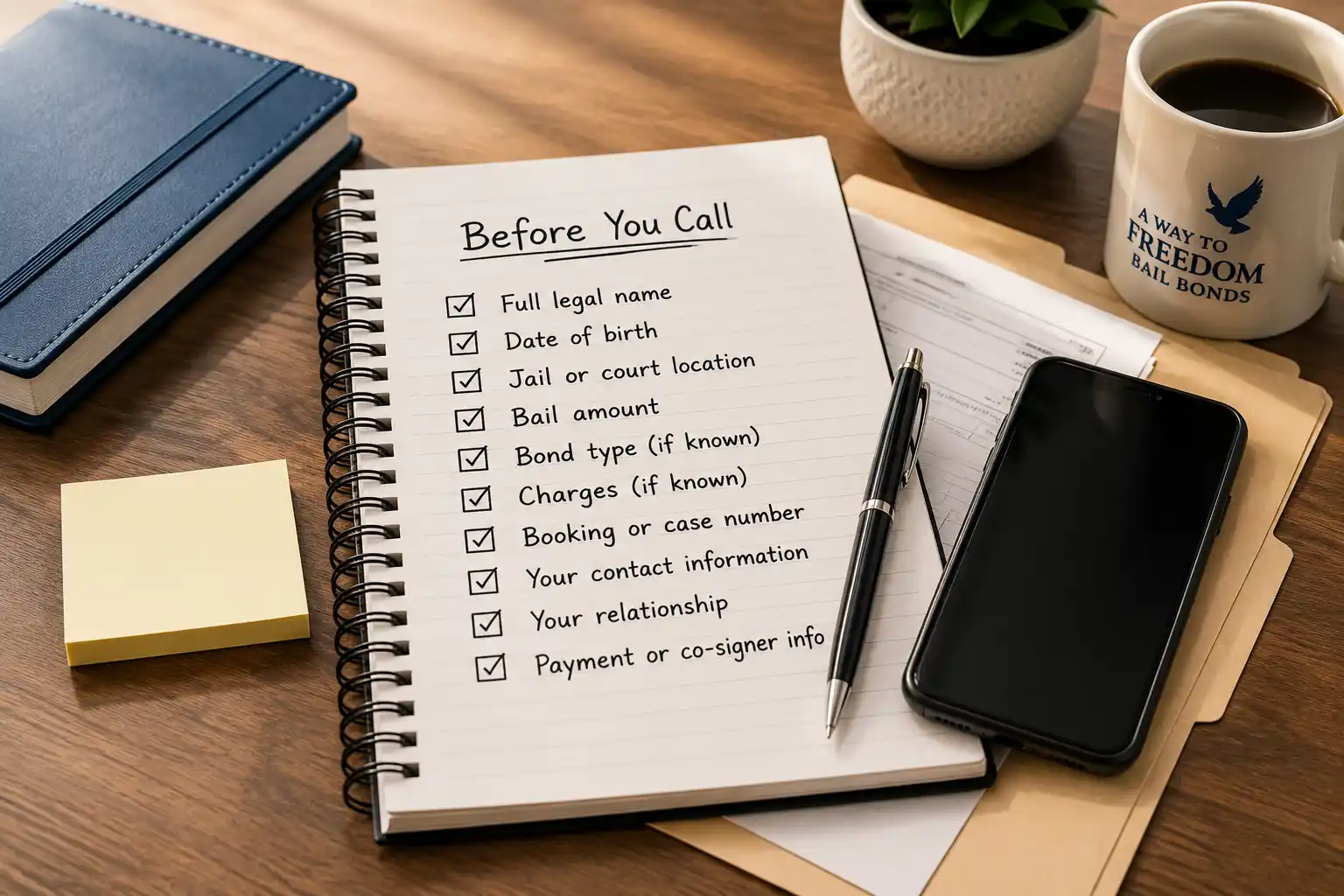 Checklist of information to prepare before calling a Delaware bail bond agent