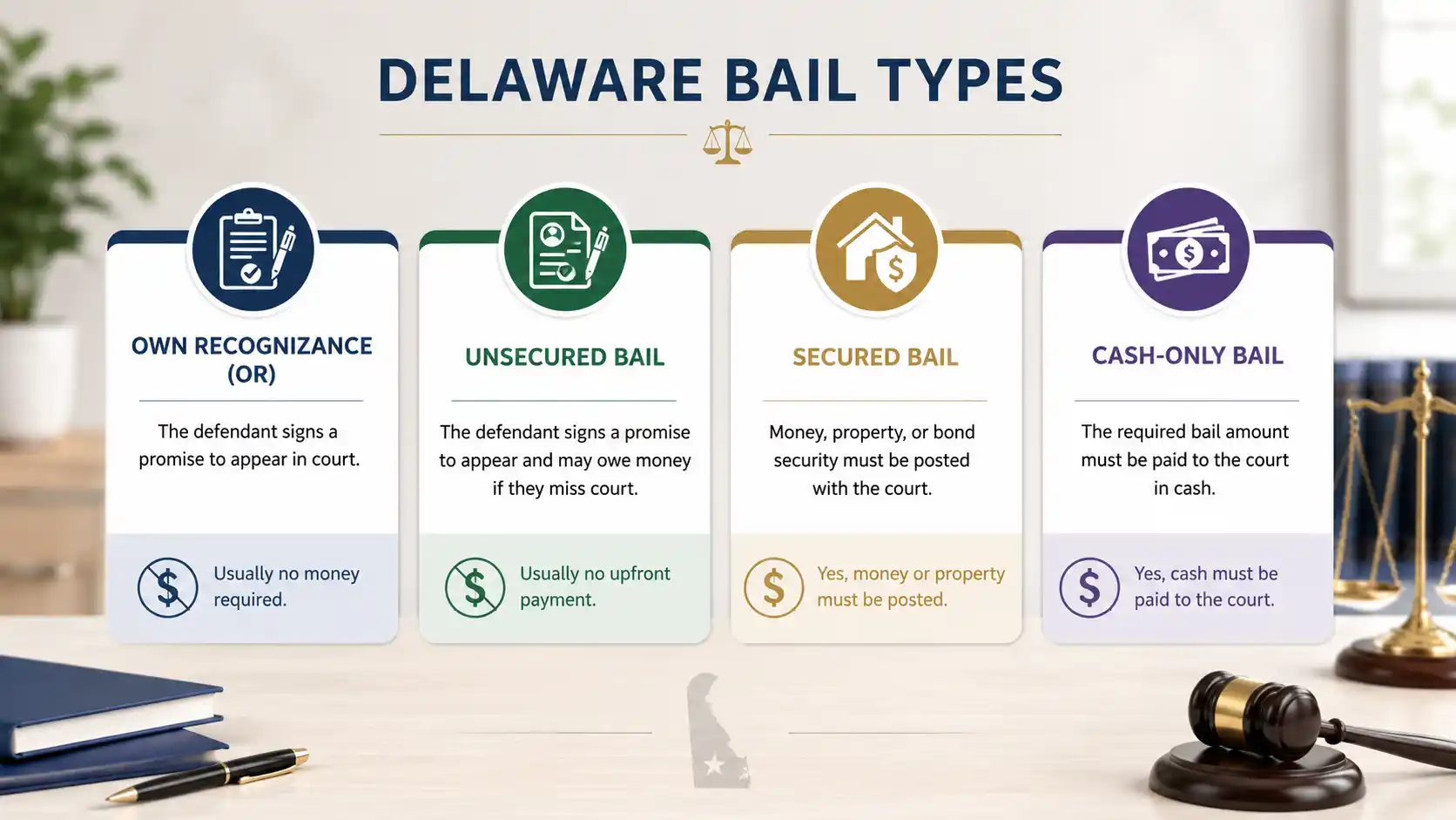 Delaware bail types including own recognizance unsecured secured and cash-only bail