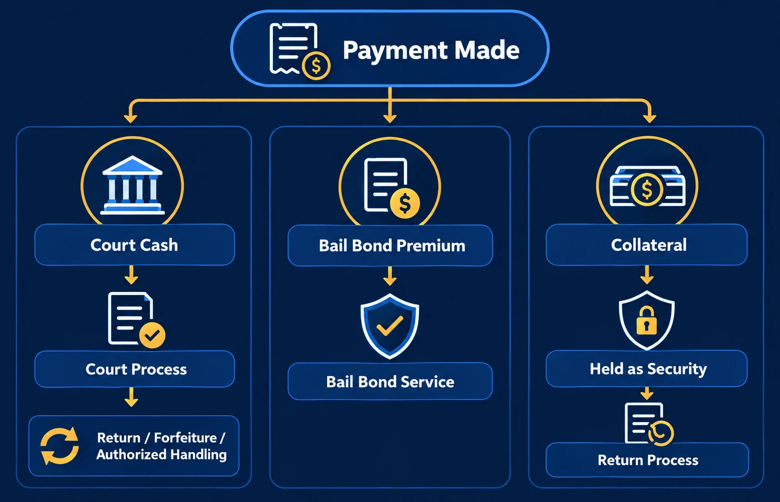 Diagram showing different paths for court cash bail, a bail bond premium, and collateral.