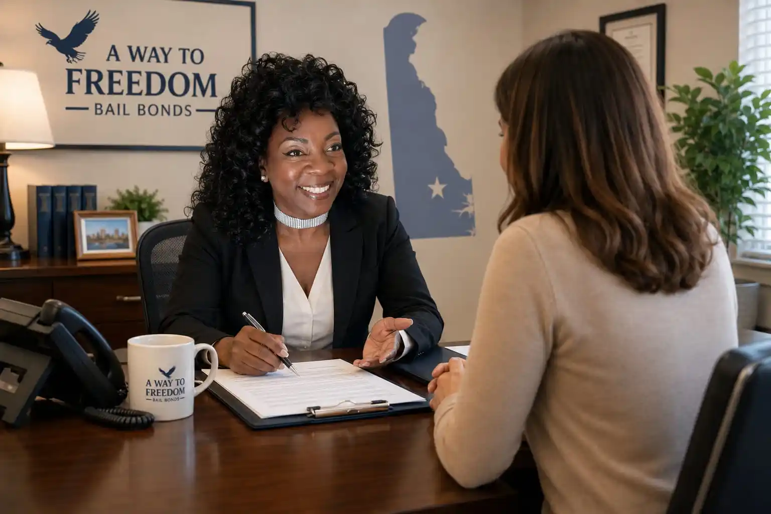 Professional bail bond consultation in a Delaware law office with A Way to Freedom