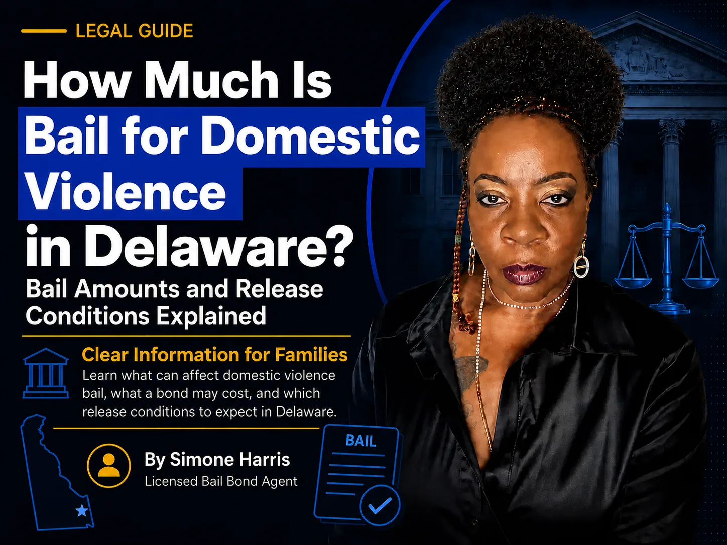 Delaware domestic violence bail guide with courthouse and bail document illustration
